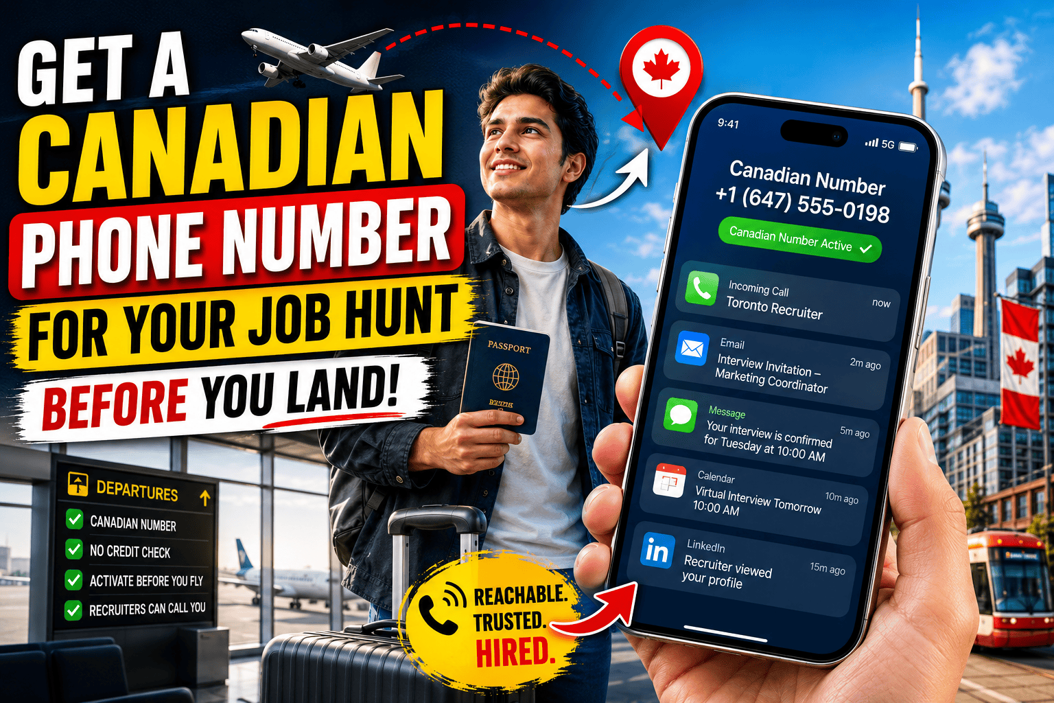 Person reviewing a resume on a laptop with a smartphone showing a Canadian phone number, representing setting up a number for a Canadian job hunt