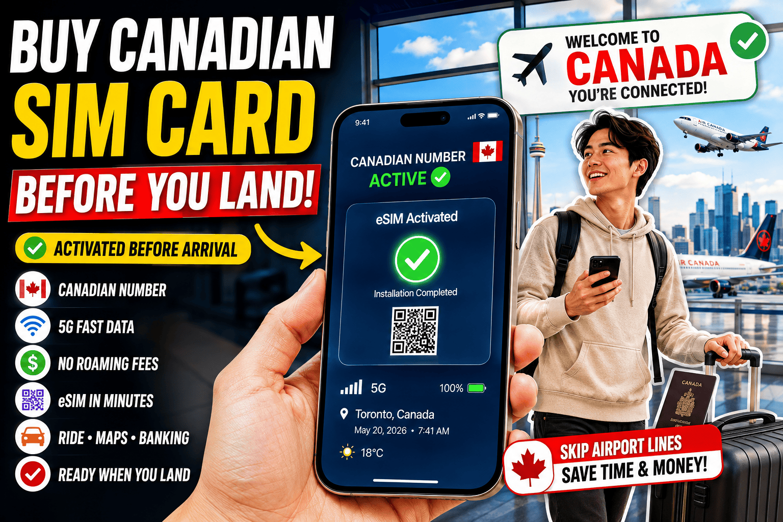 Traveller scanning an eSIM QR code on a phone at a Canadian airport arrivals hall