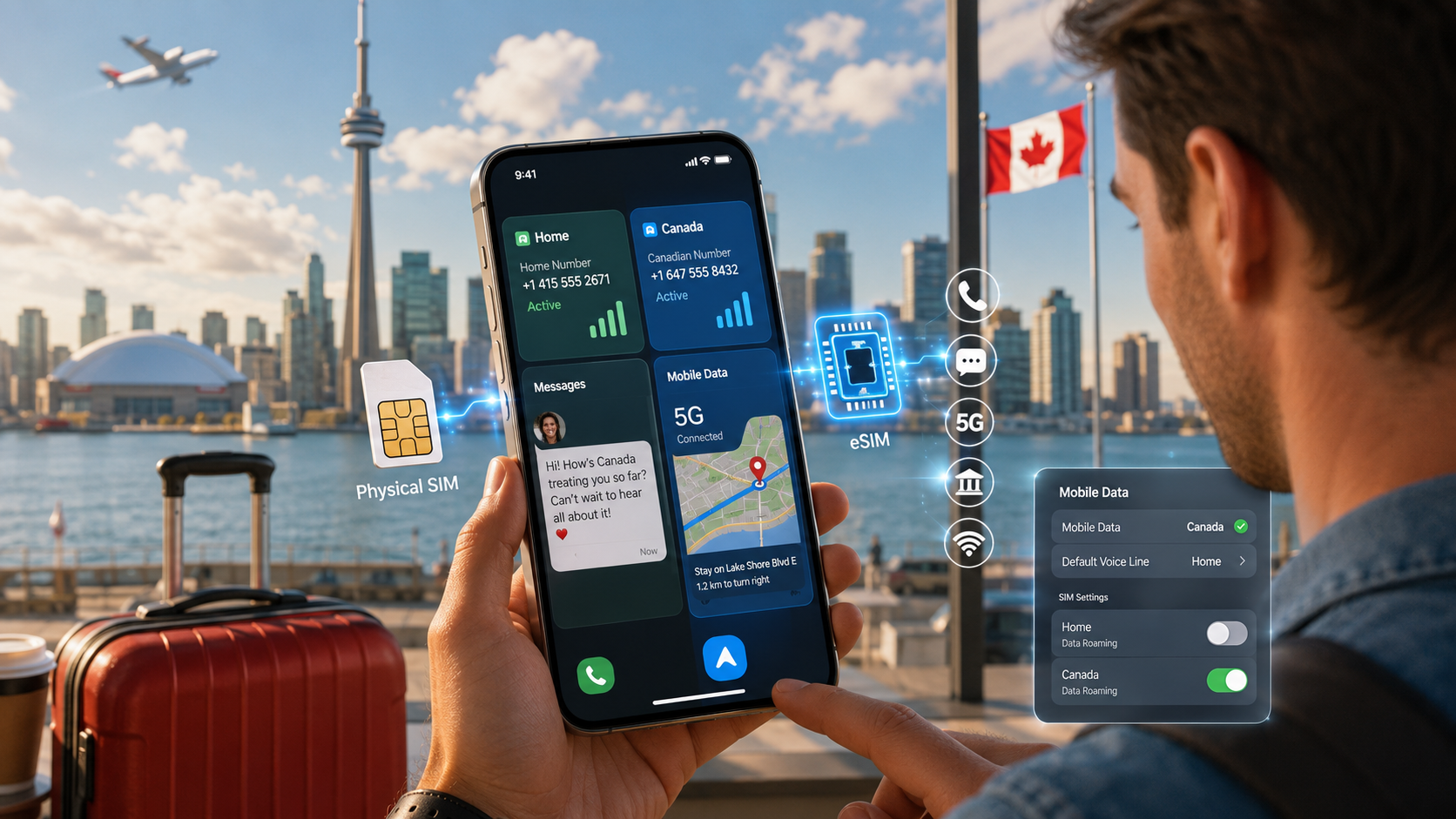 Smartphone showing two active lines, a home number and a Canadian number, in a dual SIM setup