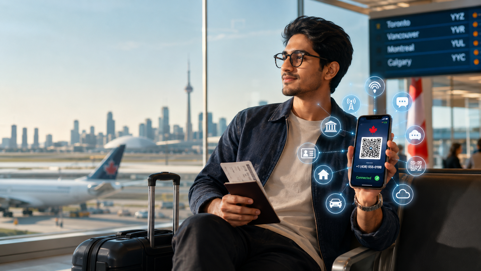 A traveller holding a phone with a Canadian SIM at the airport
