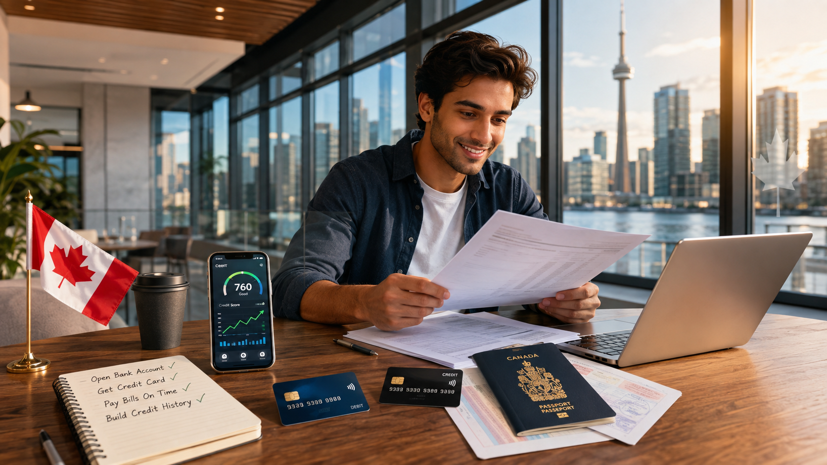 Newcomer reviewing a credit card and phone at a kitchen table in Canada