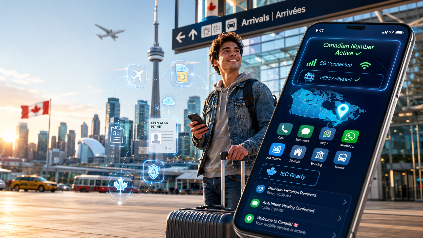 Young working holiday traveller using a smartphone with a Canadian SIM in a Canadian city