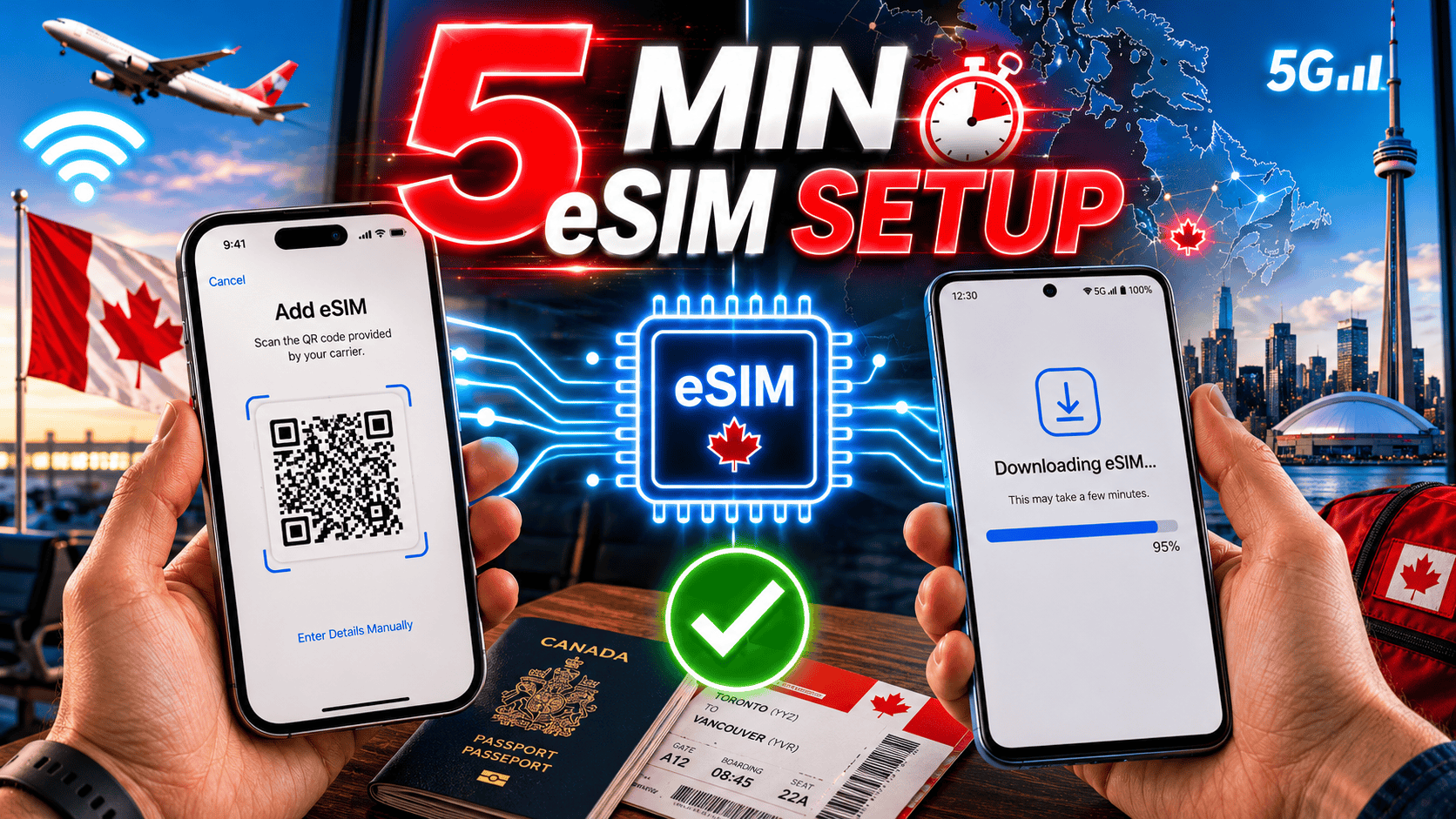 Person activating a Canadian eSIM on a smartphone by scanning a QR code over Wi-Fi