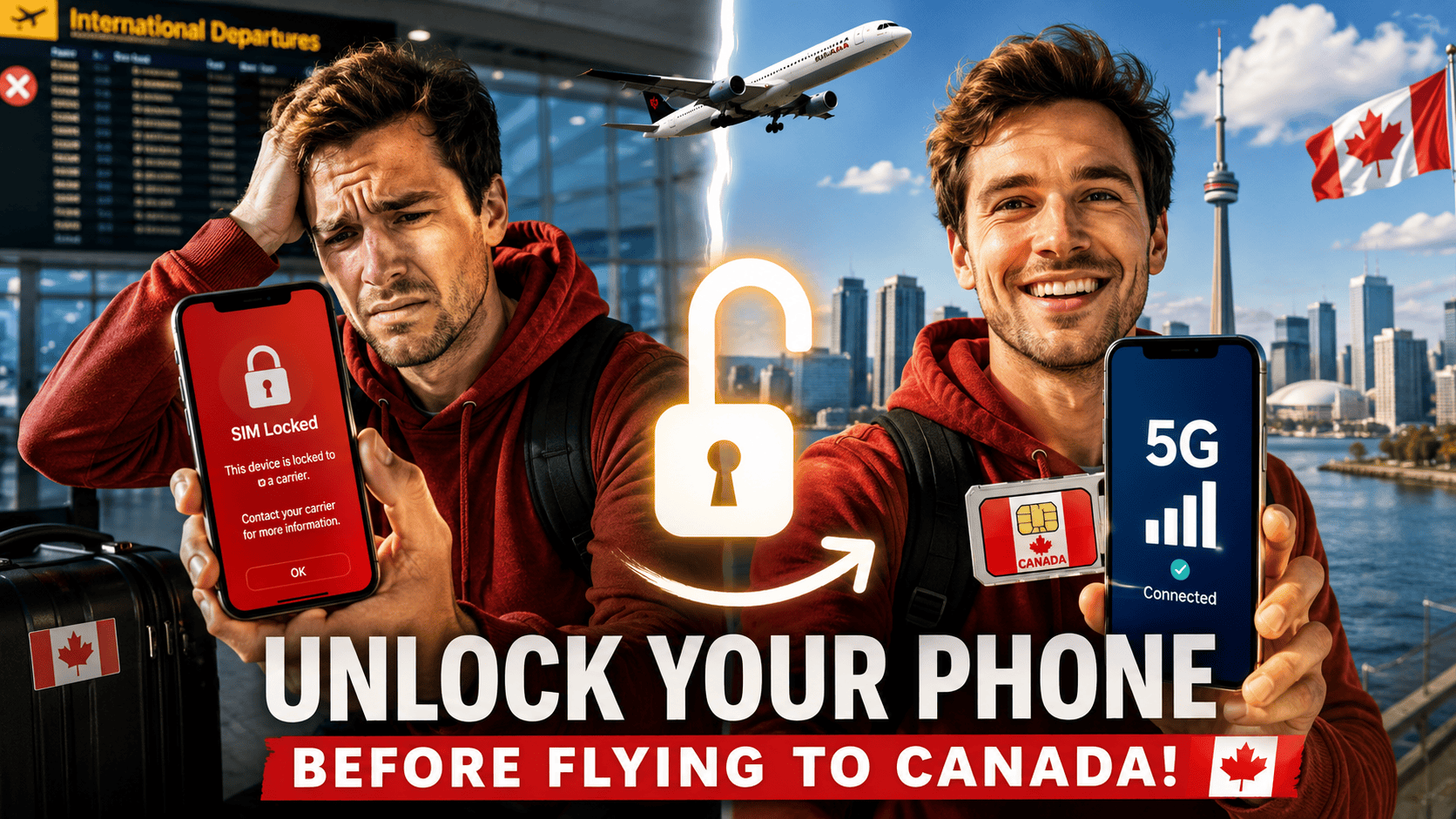 Traveller checking a locked smartphone and a Canadian SIM card before a flight to Canada