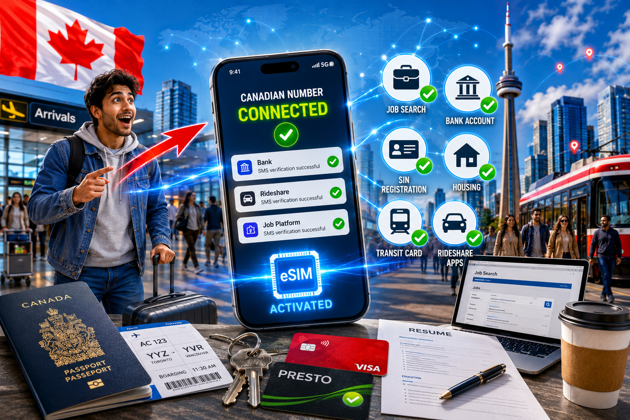 A newcomer checking a to-do list on their phone in a Canadian city