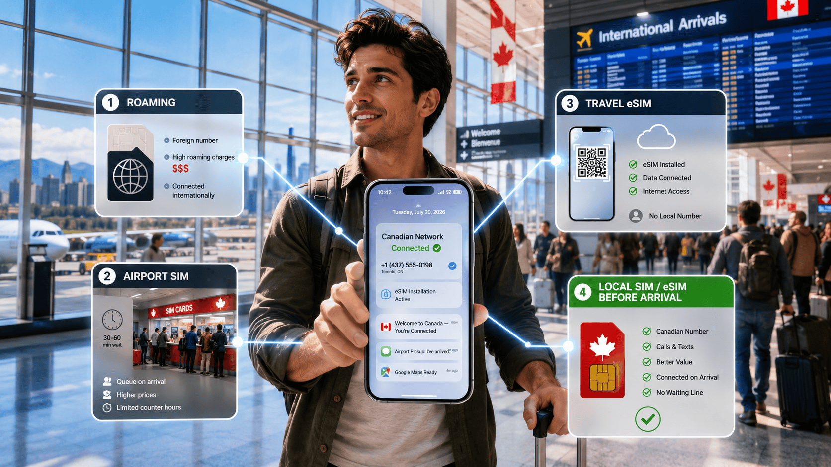 Tourist arriving at a Canadian airport looking at a phone with a Canada SIM card