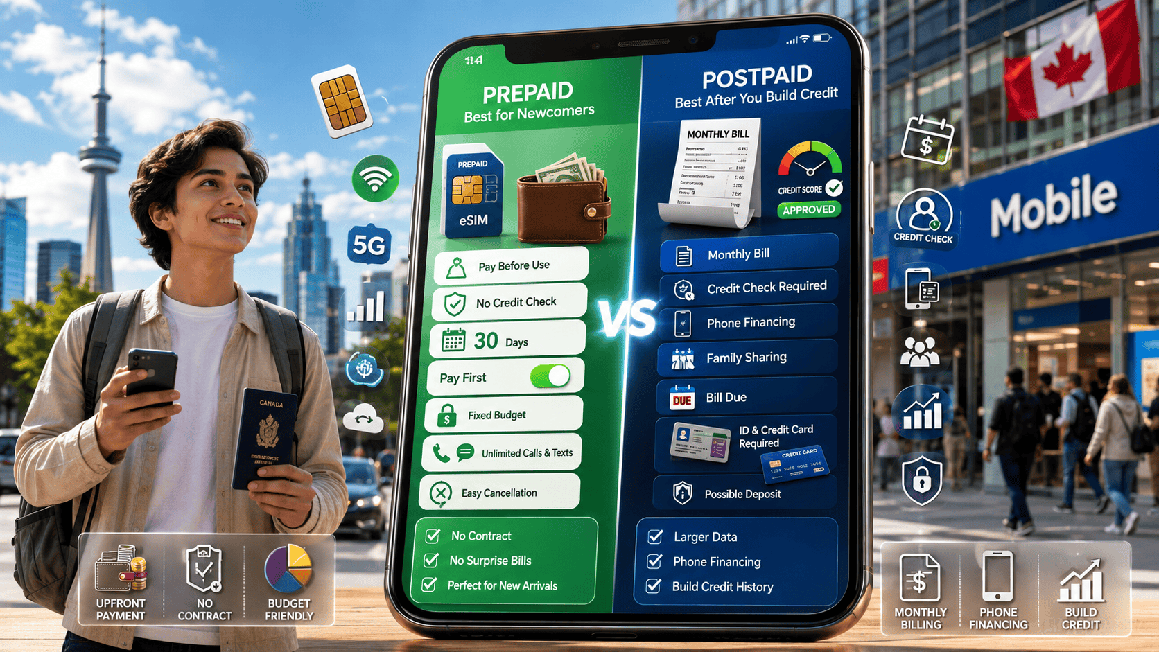 Newcomer to Canada comparing prepaid and postpaid mobile plan options on a smartphone