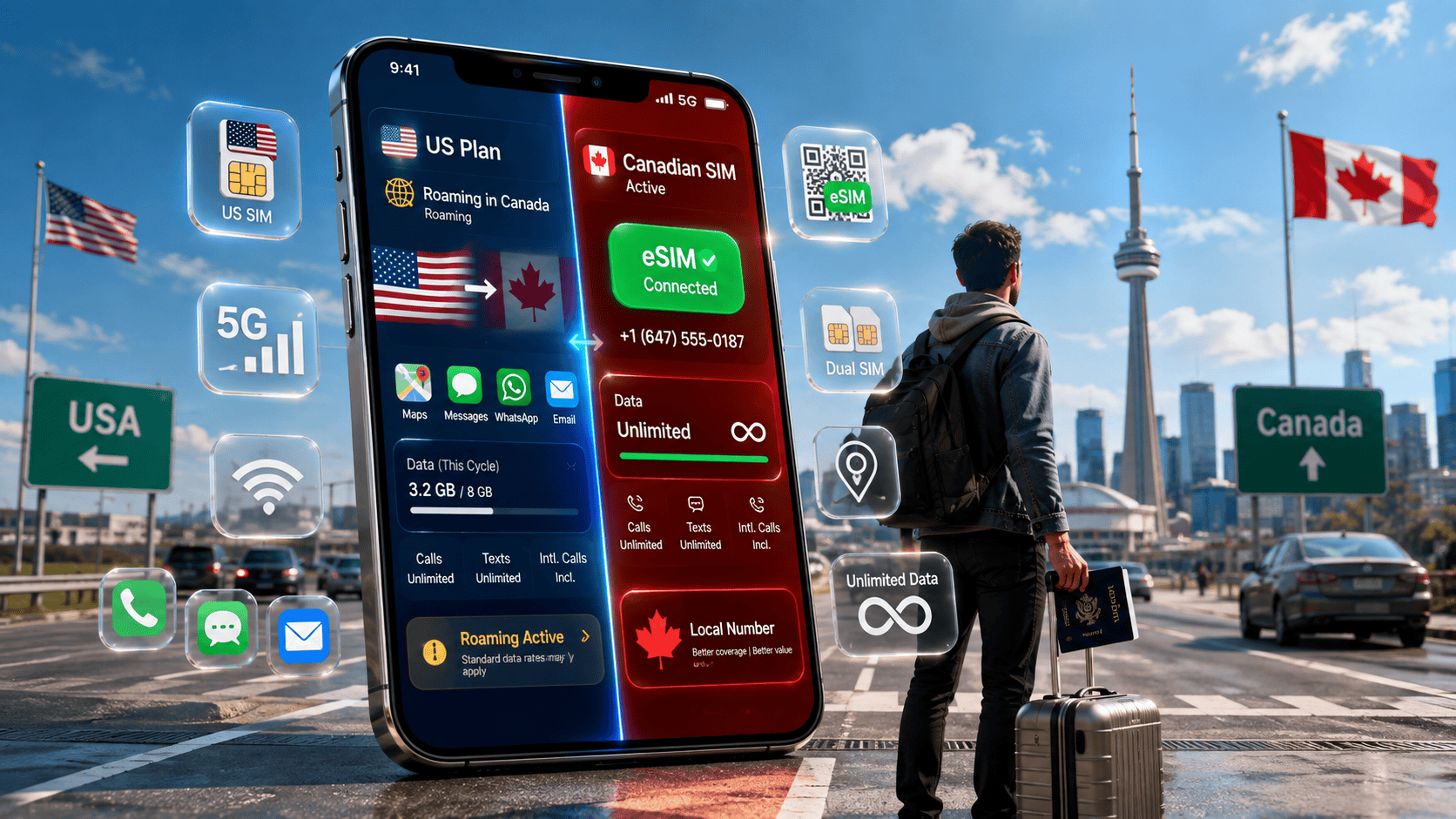 Traveller checking roaming settings on a US phone plan after crossing the border into Canada
