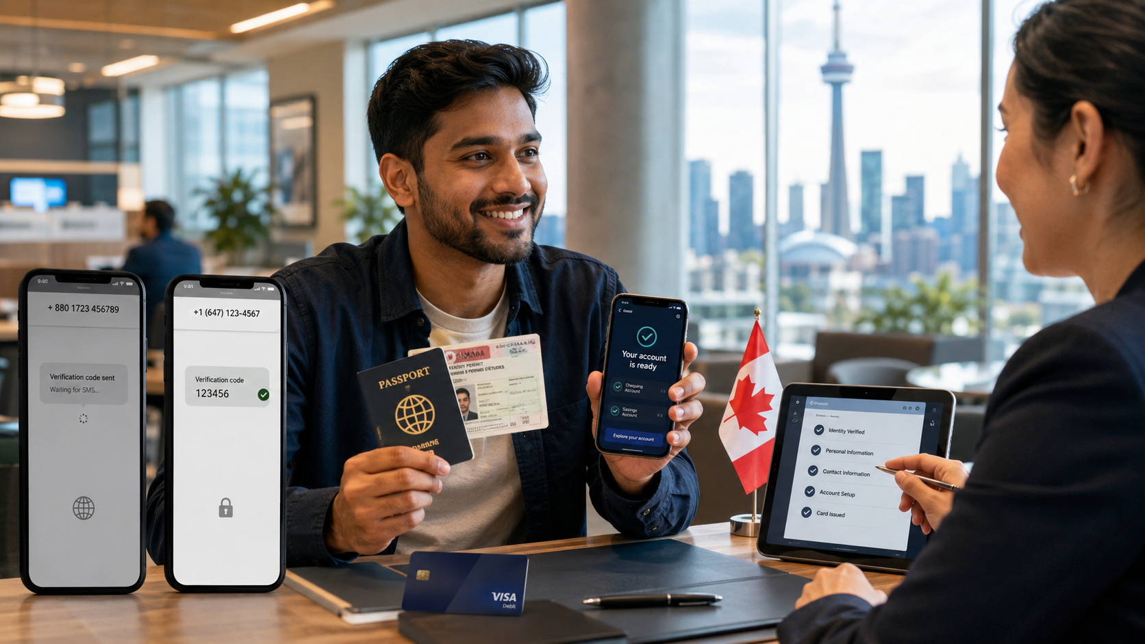 Newcomer opening a bank account at a Canadian bank branch while holding a phone