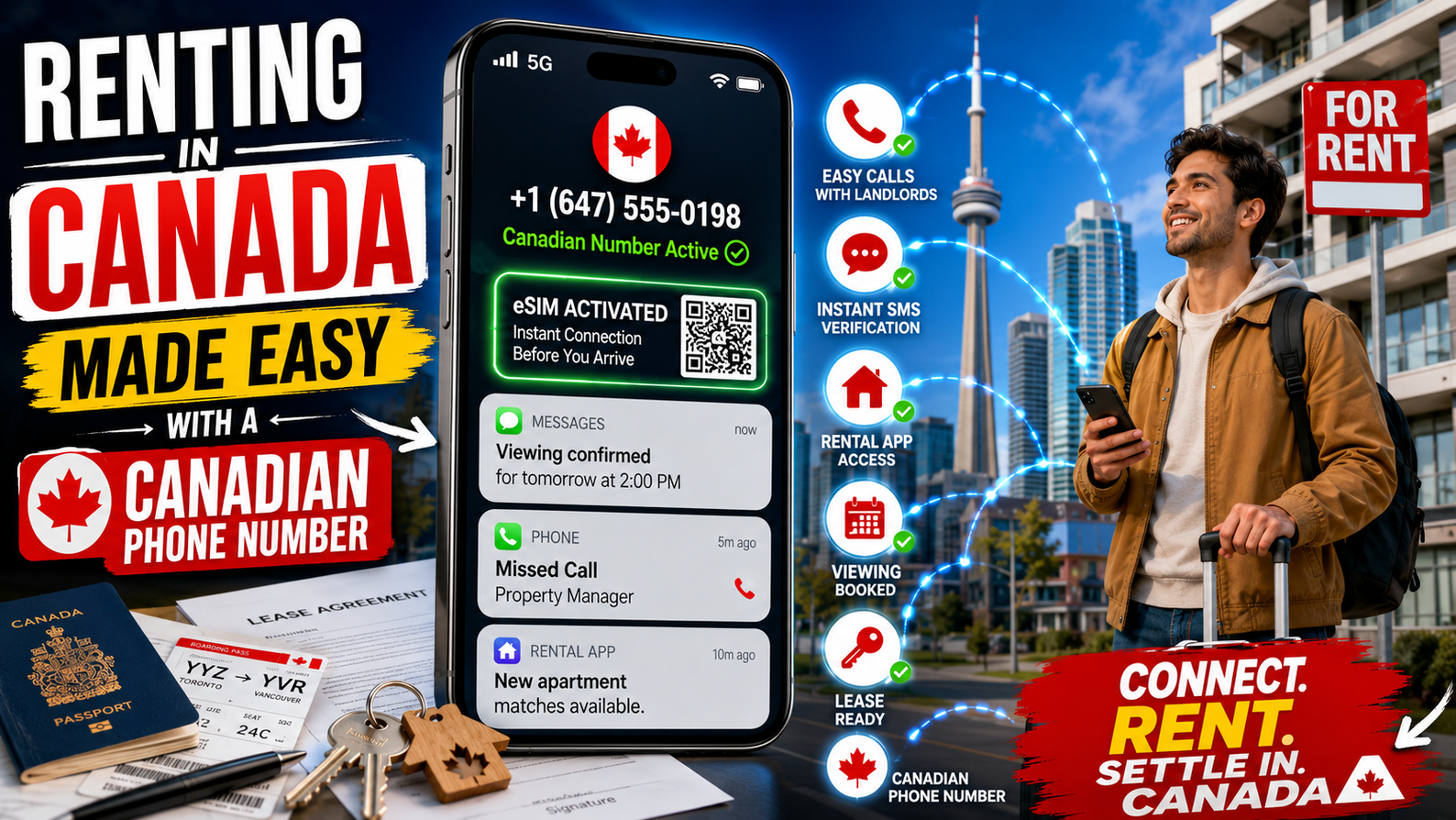 Newcomer viewing a Canadian rental apartment while using a phone with a local Canadian number