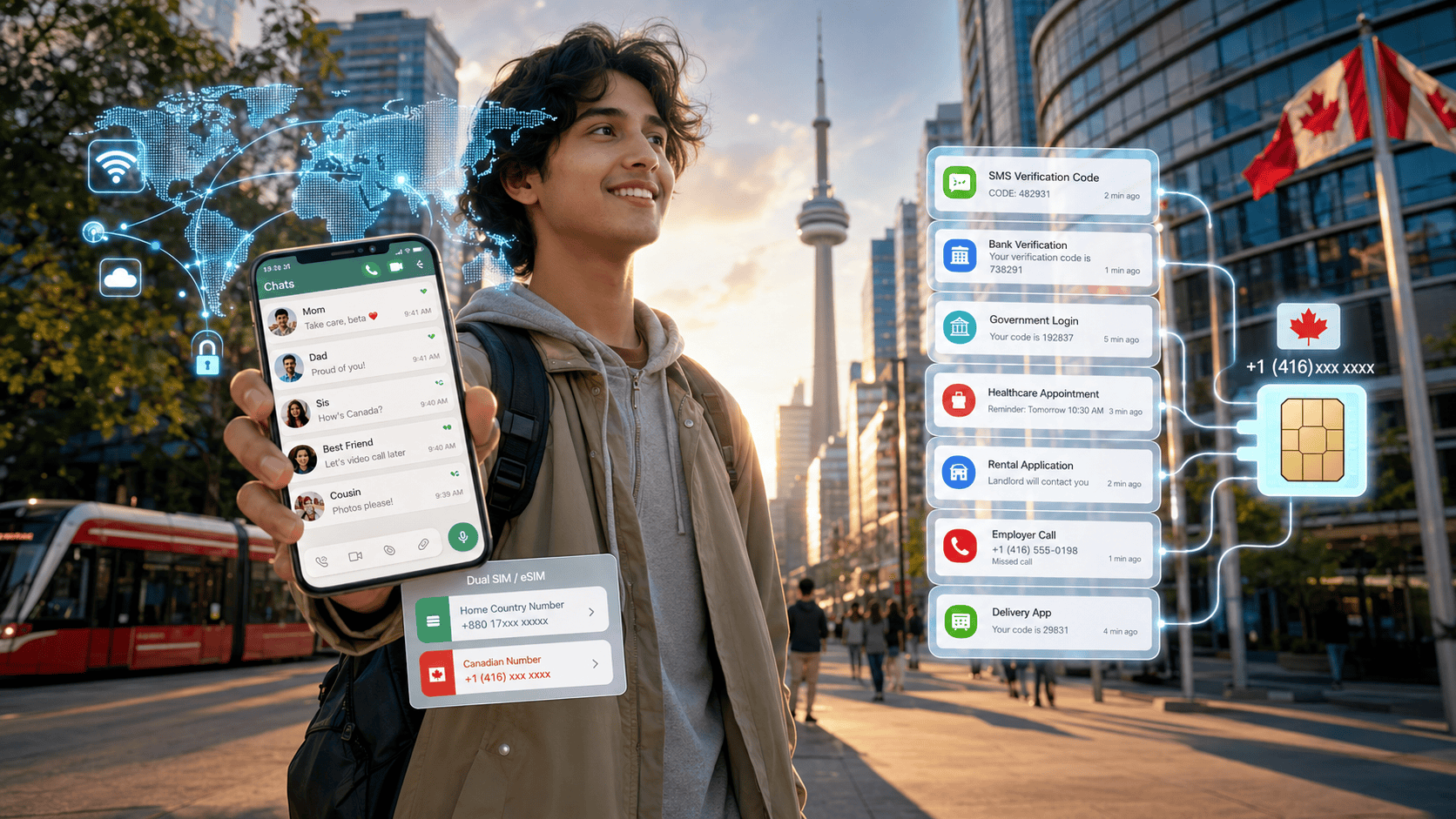 Smartphone showing the WhatsApp app open beside a Canadian flag, representing how to use WhatsApp in Canada without a local phone number