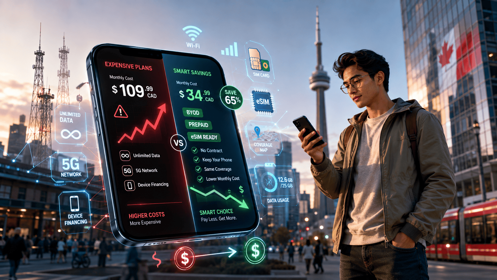 Canadian dollar coins beside a smartphone displaying a phone bill, illustrating the cost of Canadian mobile phone plans and how to pay less
