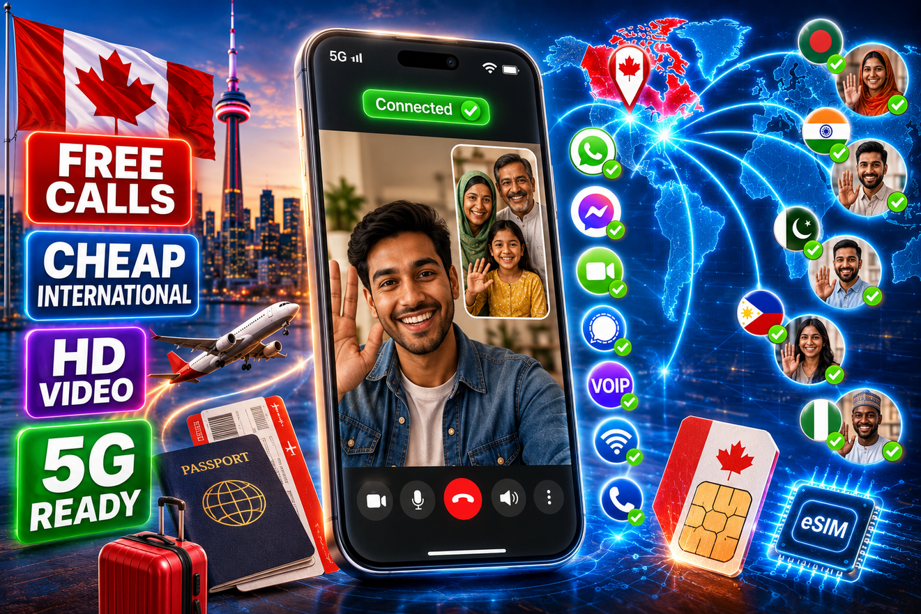 Newcomer in Canada making an international video call home to family on a smartphone