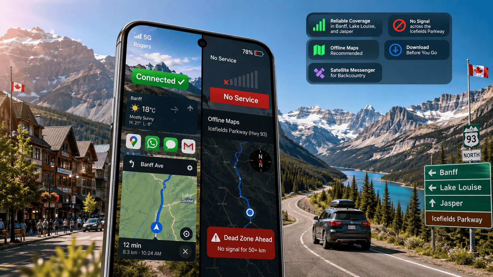 Mountain highway through Banff National Park where cell coverage drops out for drivers