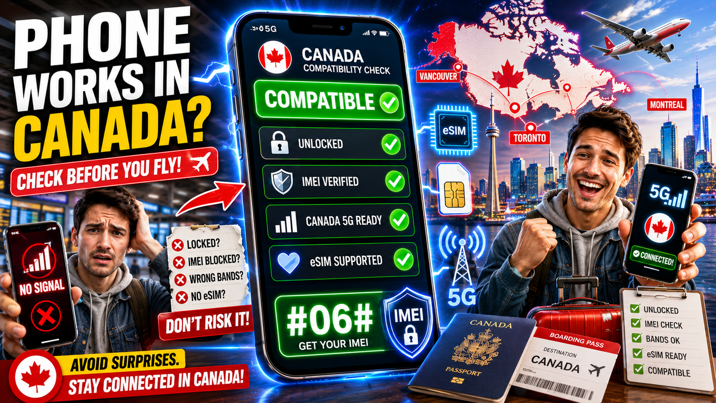 Person checking phone IMEI and Canadian network compatibility on a smartphone before travelling