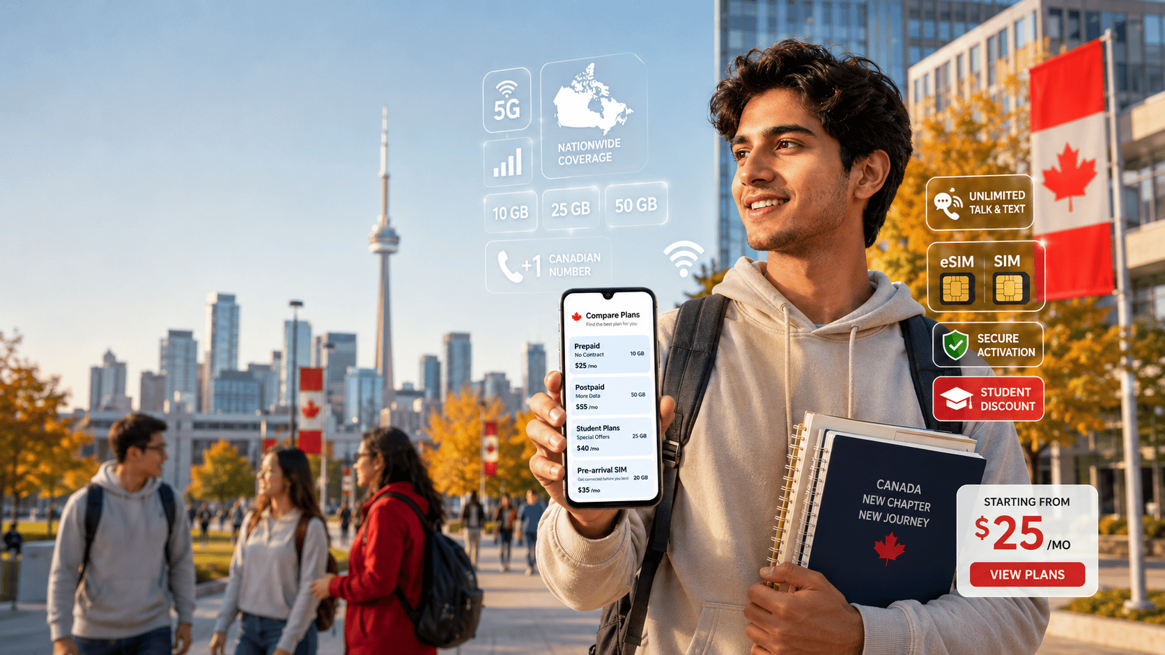 International student checking their phone on a Canadian university campus during orientation week