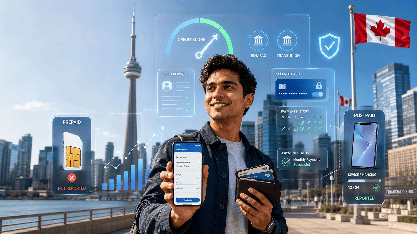 Illustration of a Canadian credit report and a smartphone displaying a phone bill, representing whether paying a phone bill builds credit in Canada
